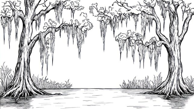 Swamp scene, two cypress trees, Spanish moss, still water, nature background, illustration
