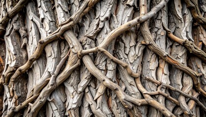 枯れ枝が絡まる樹皮のマクロクローズアップ