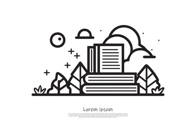 Fototapeta premium Study Books with Trees Sun, Moon, Stars, Education Concept on Transparent Background