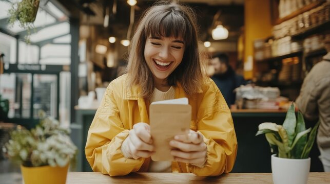 Joyful woman in yellow jacket using notebook at cafe
