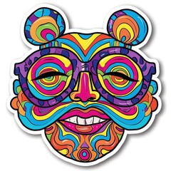 This design showcases a lively mask with bright colors and intricate patterns. It features oversized glasses, a playful mustache, and cheerful swirls, exuding a fun and energetic vibe