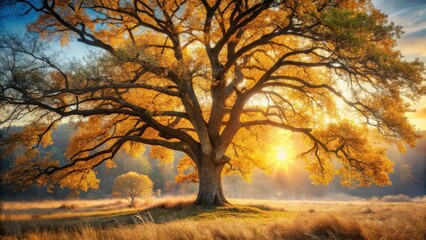 Majestic Autumn Oak Tree Bathed in Golden Sunlight, Serene Landscape at Dawn