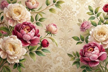 Elegant Floral Arrangement with Delicate Peonies and Lush Greenery Against a Damask Background