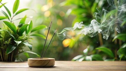 Serene Aromatherapy Incense Sticks Burning, Tranquil Smoke Trails Amidst Lush Greenery on Wooden Surface