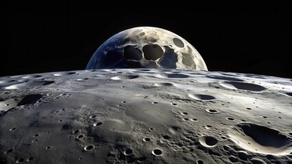A cratered lunar landscape under the looming presence of a celestial body with significant surface irregularities