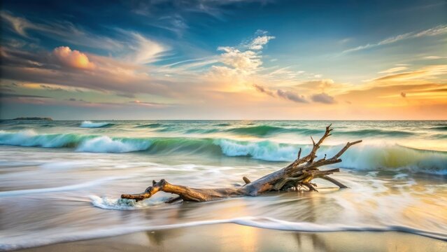 Serene coastal sunset scene featuring a weathered driftwood log resting on a sandy beach with gentle, rolling waves