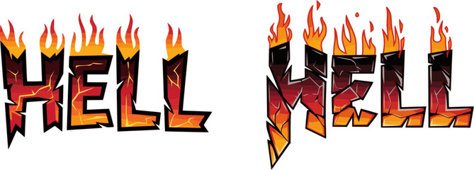 HELL Text Vector set – Fiery Cracked Rock Style Bold Typography with Molten Texture, Flames, and Smoke Effect, Devil Tail Accent, Isolated Design for Edgy Stickers, T-Shirts, and Digital Art