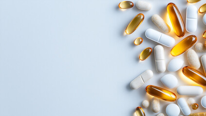 A spread of yellow and white capsules over a soft pastel background, emphasizing supplement choices, healthcare awareness, and modern pharmaceutical design