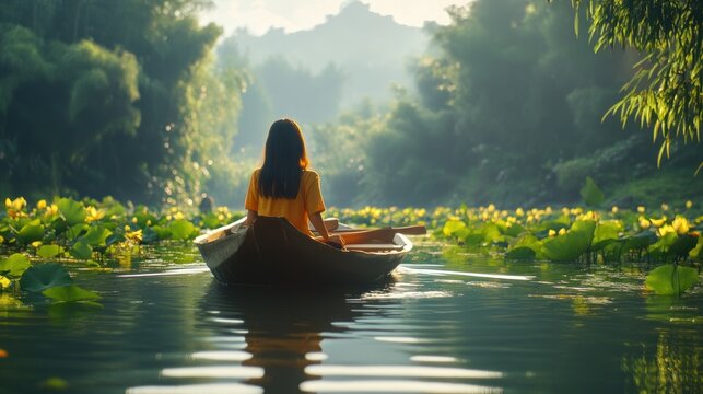 Woman rowing boat on calm lake with yellow water lilies at sunrise