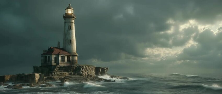 Dark sea crashes against a lone lighthouse under stormy skies, as dramatic waves and clouds swirl n over the rugged shoreline.