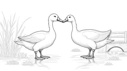 Obraz premium Duck and goose greeting line art with pond scene, detailed black outlines on light gray for children's coloring.