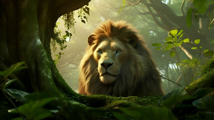 Majestic Lion in Lush Jungle Setting