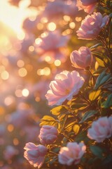 Lush Pink Peonies in Golden Hour Light with Bokeh Effects

