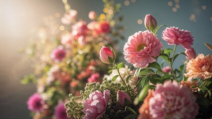 Vibrant Pink and Peach Flower Bouquet with Soft Bokeh Background

