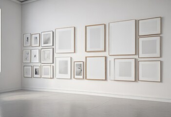 Minimalist gallery wall mockup  White wall, diverse frames ,  white wall,  surface,  design