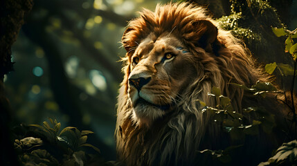 Majestic Male Lion in Lush Forest Sunlight