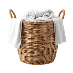 Obraz premium Wicker laundry basket filled with white towels isolated on white or transparent background