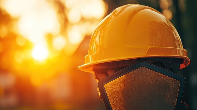 Worker wearing yellow hard hat and protective face shield at sunset