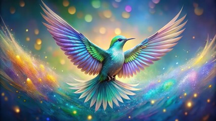 Obraz premium A vibrant iridescent bird in flight, wings spread wide, amidst a sparkling cosmic dust trail.