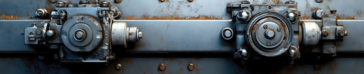 Fototapeta premium Close-up of industrial machinery parts against a silver metallic texture background , mechanical parts, industrial design