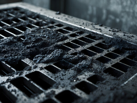 Grungy Industrial Drain: A close-up shot reveals a metal drain grate, weathered and aged, collecting debris within a workshop or industrial setting, showcasing texture and detail.