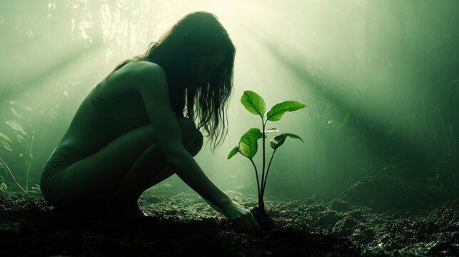 Woman planting seedling dark green forest mystical nature growth environmentalism