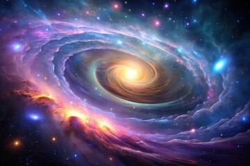 Obraz premium A Cosmic Dance of Vibrant Nebulae and Celestial Swirls, Illuminating the Vast Expanse of Deep Space with Brilliant, Multicolored Hues