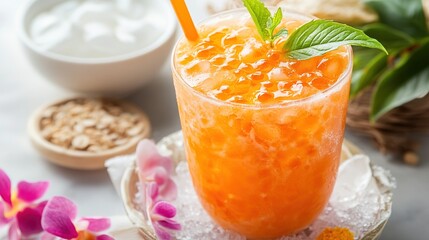 Refreshing orange smoothie with crushed ice, mint, and flowers on marble