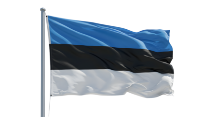 Flag of Estonia waving against a clear blue sky, symbolizing national pride and identity in a serene outdoor setting