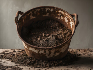 Rusty Bucket of Earth: A weathered bucket brimming with rich, dark soil sits, hinting at the potential of new beginnings and the beauty of simple, raw elements.