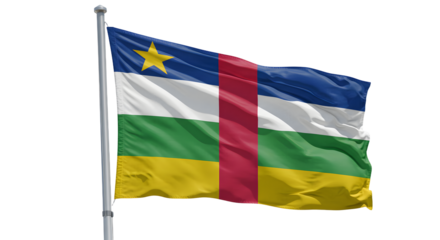 Flag of the Central African Republic waving in the wind, showcasing vibrant colors and emblematic design against a clear sky