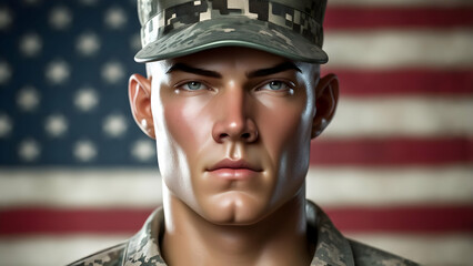 Serious Man in Uniform Posing with American Flag for Patriotism