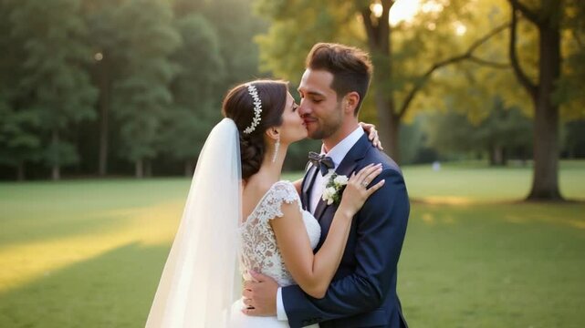 Lovely newlyweds caucasian bride embracing groom in park making kiss, wedding couple family hugging