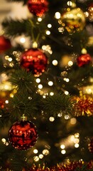 Festive holiday decorations on a decorated tree.
