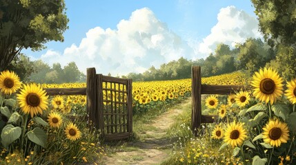 Fototapeta premium Rustic wooden gate leading through a sunflower field on a sunny day.