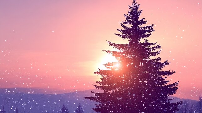 Christmas tree silhouette against sunset snowy background tranquil magical seasonal image stock compliant