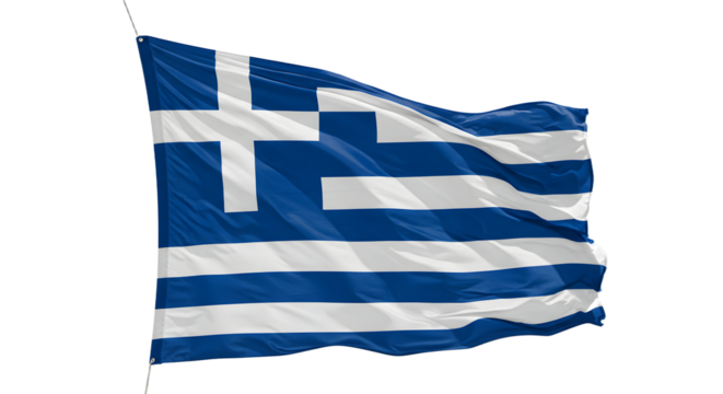 Greek flag waving proudly against a clear blue sky, symbolizing national pride and heritage in a serene outdoor setting - Powered by Adobe