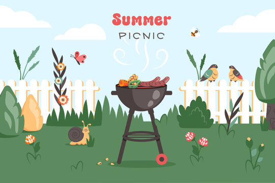 BBQ party. Barbecue background with brazier, grill, steaks, meat food, vegetables at home. Bbq time. Family dinner. Vector cartoon illustration for banner, holiday card, summer picnic, flyer, poster