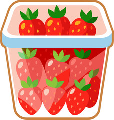 A clear plastic container filled with fresh, red strawberries vector art illustration