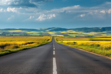 Fototapeta premium Realistic summer road through vibrant yellow flower fields and colorful farmland under blue sky, bright and peaceful rural countryside landscape, travel and nature concept