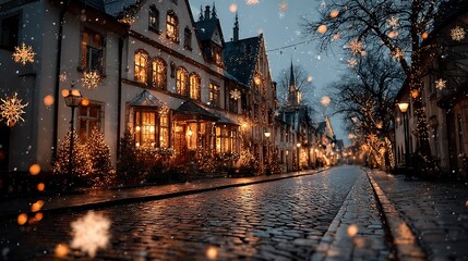 Fototapeta premium Christmas village street soft glowing snowflakes in golden light dreamlike festive moment