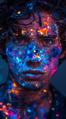 Close-up portrait of man with glowing neon paint on face