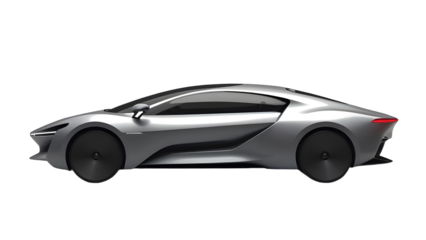 Sleek silver sports car in profile view, showcasing aerodynamic design and modern features against a minimalist background