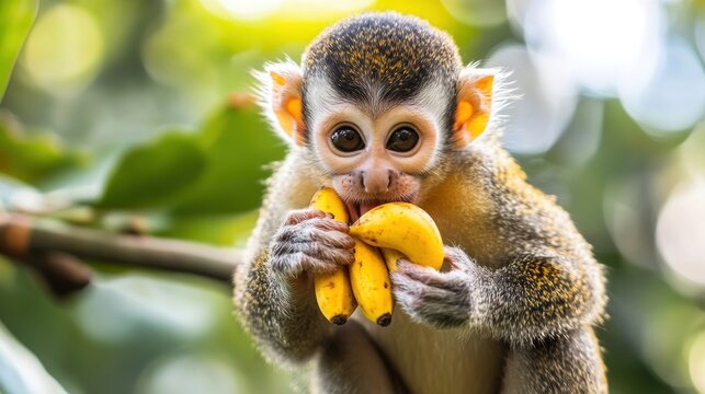 Adorable baby monkey eating bananas in lush green foliage