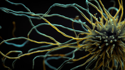 Microscopic viral structure with intricate filaments