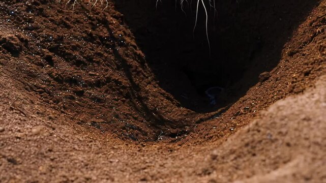 Exposed roots intertwine in the dirt, showing the underground structure and delicate connections of a plant, highlighting growth and nature