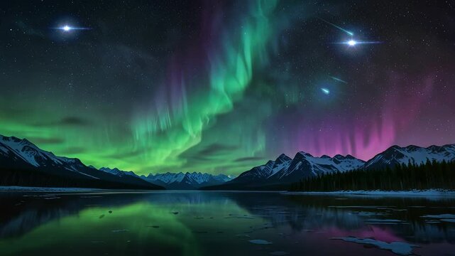Seamless loop of colorful aurora lights glowing in the dark sky, reflecting on a frozen lake surrounded by alpine forests and snow-capped mountains.