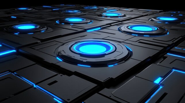 Glowing blue circles on dark metallic panels abstract technology background
