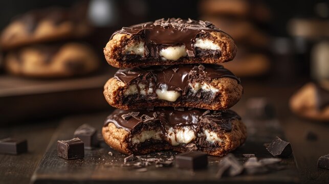 Cream filled chocolate cookies stacked dessert sweet treat food photography