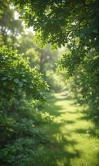 Obraz premium Blurred green leaves, dappled sunlight, soft focus, lush vegetation, leafy, summer, blurry